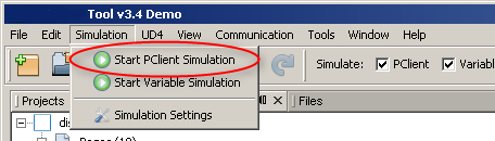 Simulation Settings => Start PClient Simulation