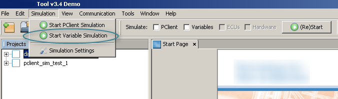 Simulation Menu with Start Variable Simulation marked