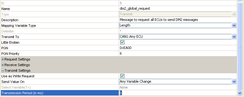 Settings for the PGN to request DM2 messages