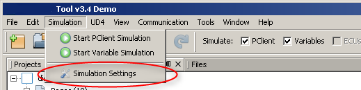 Simulation Settings in the Simulation Menu